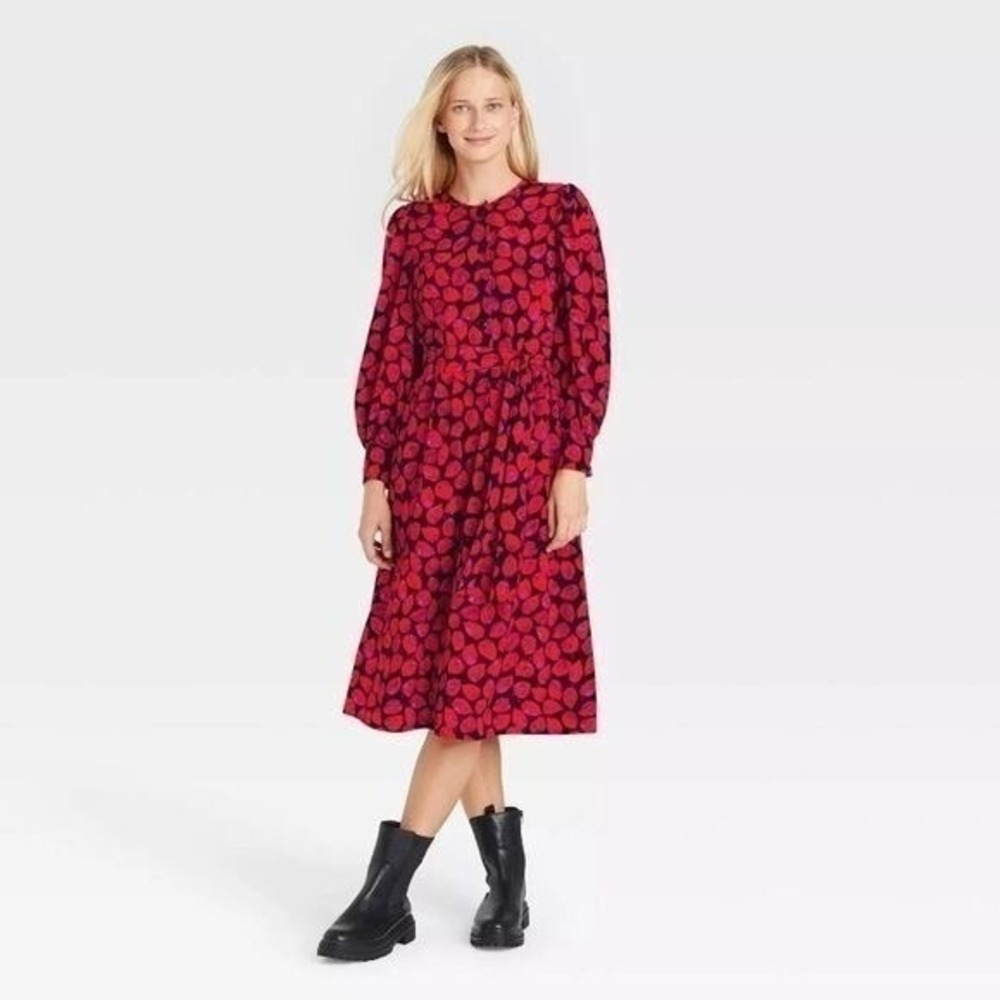 Who What Wear Midi Dress Leaf Print Women Size S Red Pink Puff Sleeve Tie Waist